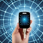 A person holding a digital key, symbolizing control over their personal data. The key should have a unique design representing digital identity (DID). The background should be a network of interconnected nodes, representing the digital world.