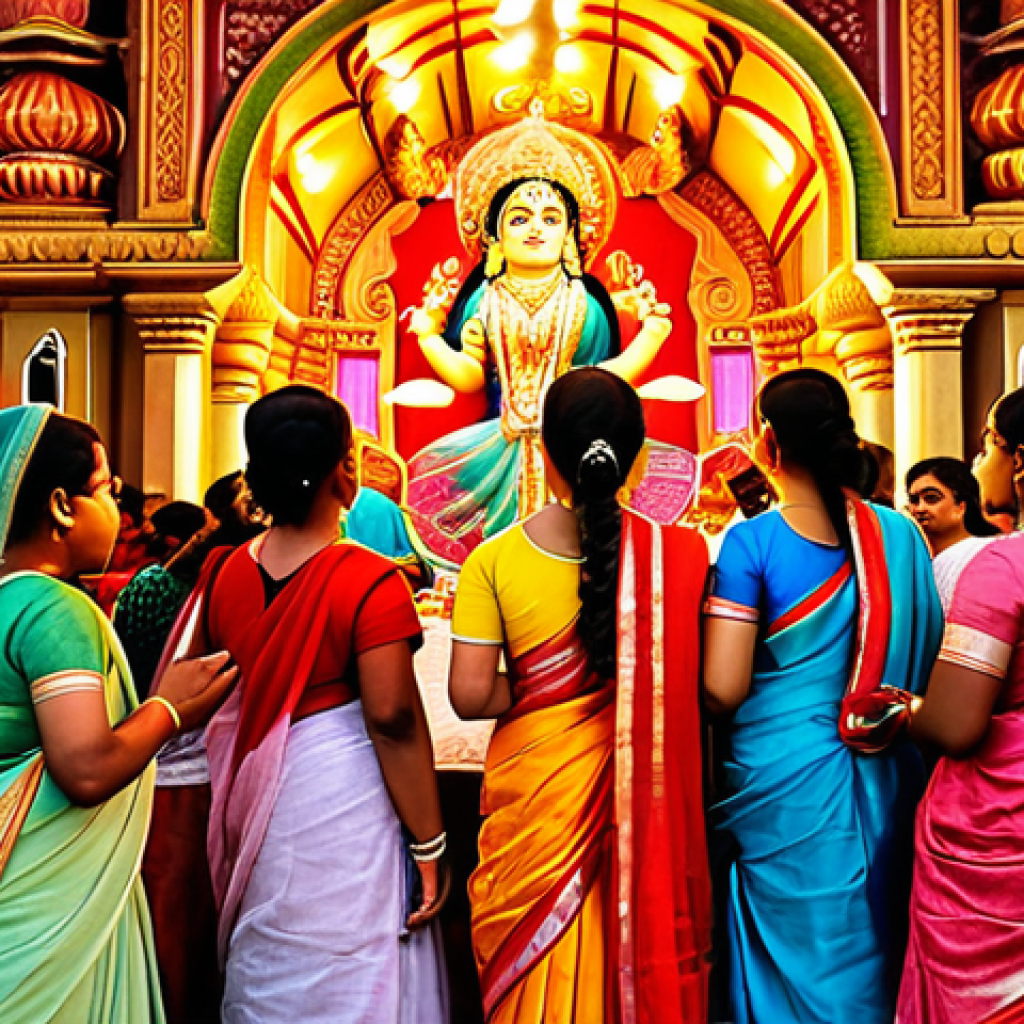 **
"A vibrant, colorful Durga Puja celebration scene in Kolkata, with a beautifully decorated pandal, traditionally dressed Bengali women in sarees offering prayers, and joyful crowds. Golden hour lighting, realistic details, festive atmosphere, safe for work, appropriate content, fully clothed, family-friendly."
**