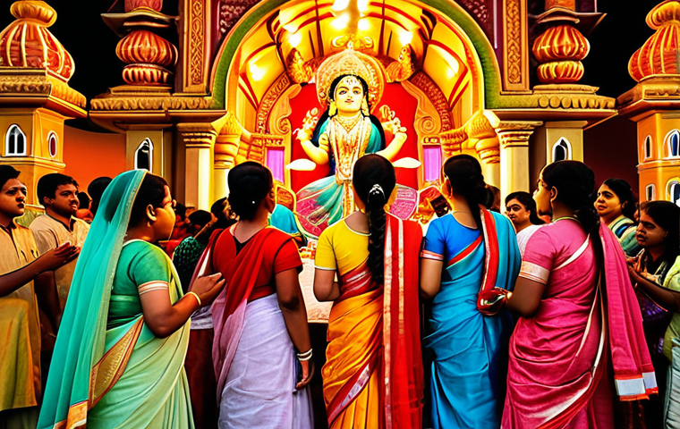 **

"A vibrant, colorful Durga Puja celebration scene in Kolkata, with a beautifully decorated pandal, traditionally dressed Bengali women in sarees offering prayers, and joyful crowds.  Golden hour lighting, realistic details, festive atmosphere, safe for work, appropriate content, fully clothed, family-friendly."

**