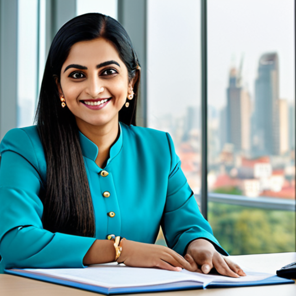 ** A professional woman in a modest, tailored salwar kameez, sitting at a modern desk in a bright, airy office. The background includes a window with a cityscape view. She is smiling warmly and looking directly at the viewer. Fully clothed, appropriate attire, safe for work, perfect anatomy, natural proportions, professional photography, high quality, family-friendly.

**