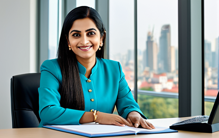 ** A professional woman in a modest, tailored salwar kameez, sitting at a modern desk in a bright, airy office. The background includes a window with a cityscape view. She is smiling warmly and looking directly at the viewer. Fully clothed, appropriate attire, safe for work, perfect anatomy, natural proportions, professional photography, high quality, family-friendly.
**
