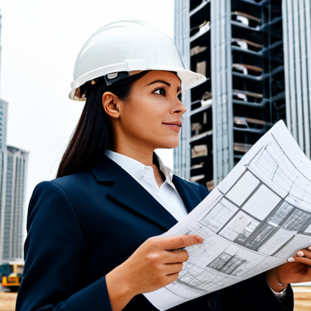 DID와 스마트 계약의 활용 - A professional female architect, fully clothed in a modest business casual outfit, reviewing bluepri...