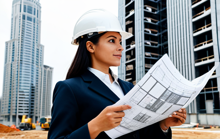 DID와 스마트 계약의 활용 - A professional female architect, fully clothed in a modest business casual outfit, reviewing bluepri...