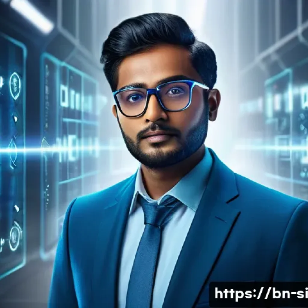 DID와 사이버 보안의 관계 - A futuristic digital illustration showing a Bengali man confidently managing his decentralized ident...