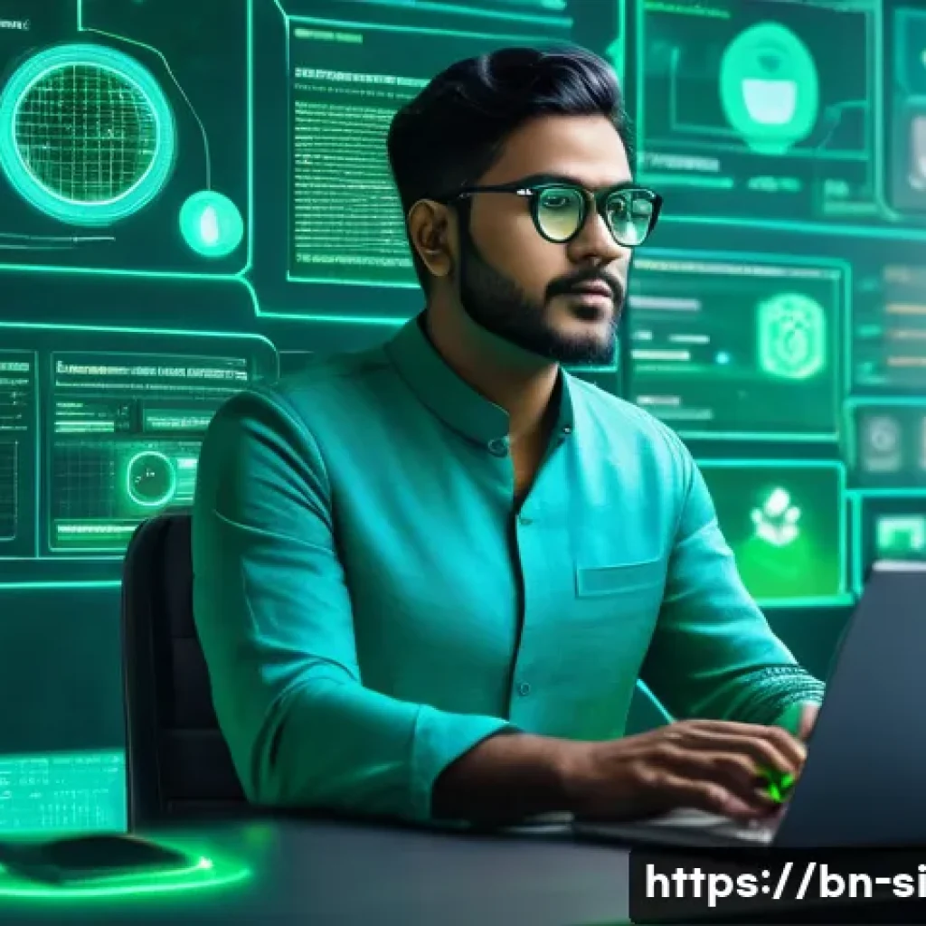 DID와 개인정보 보호 기술의 진화 - A modern digital illustration of a Bengali man securely managing his self-sovereign identity on a fu...