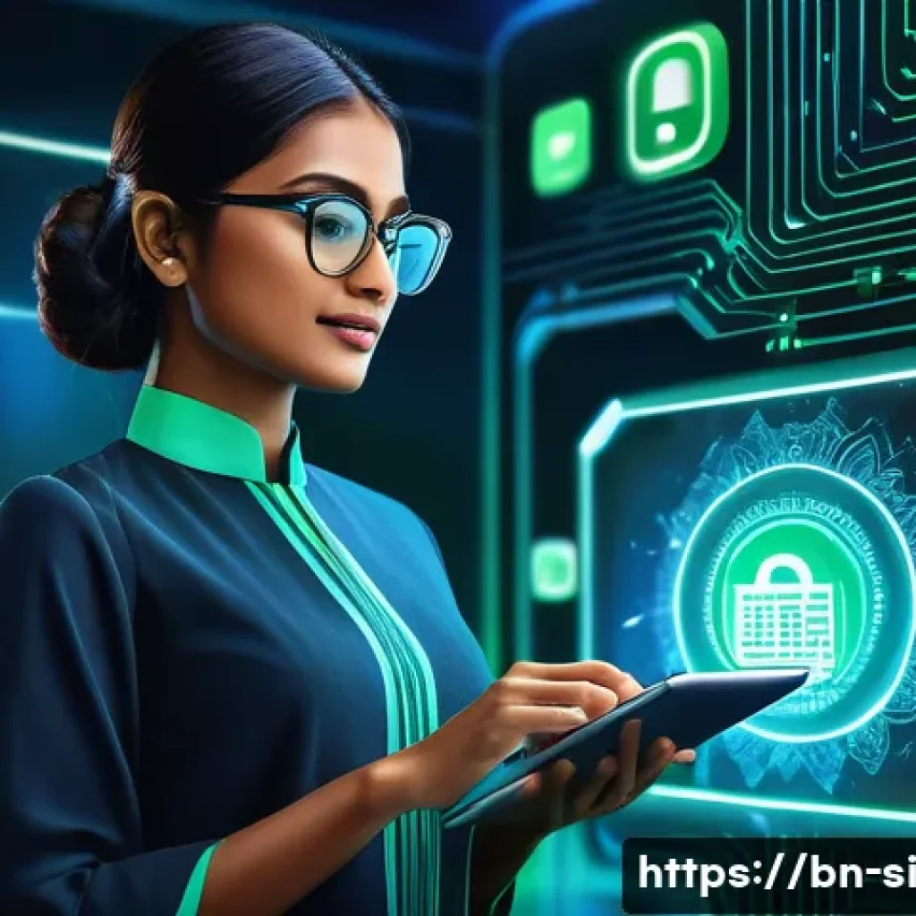 DID와 블록체인 기술의 융합 - A detailed digital illustration depicting a young Bengali professional woman using self-sovereign id...