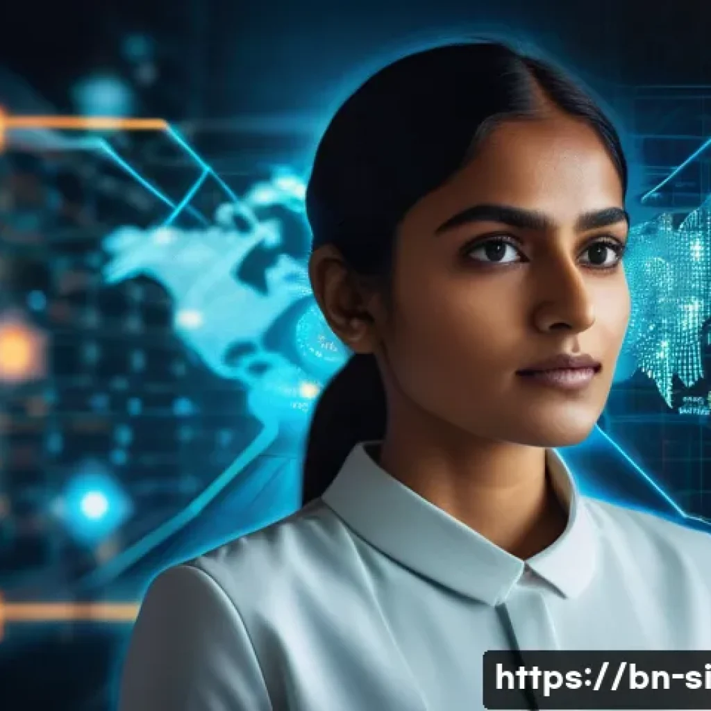 DID 기술의 교육 및 인식 제고 필요성 - A futuristic digital portrait of a young Bengali professional woman using decentralized identity (DI...