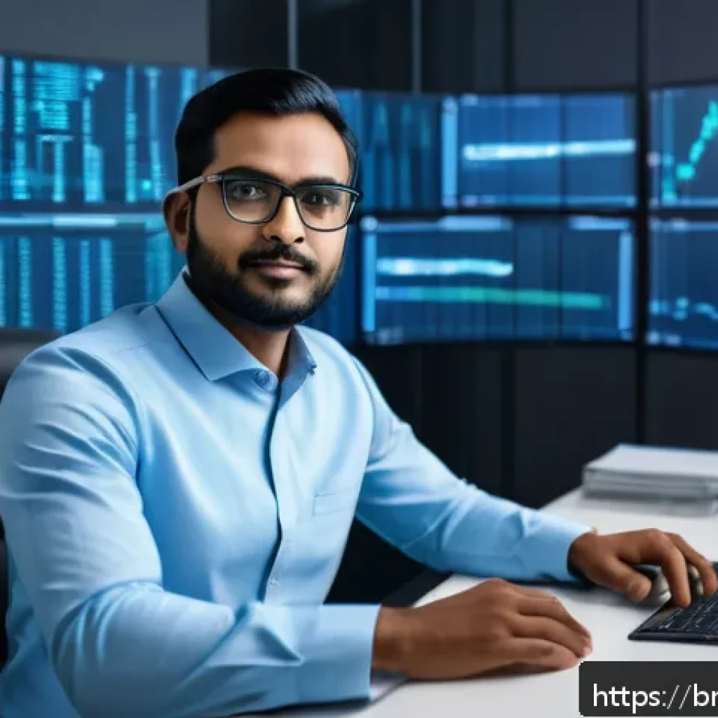 분산신원증명 DID 과 법적 책임 문제 - A professional Bengali man in his 30s sitting at a modern desk with multiple digital screens display...