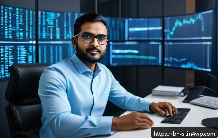 분산신원증명 DID 과 법적 책임 문제 - A professional Bengali man in his 30s sitting at a modern desk with multiple digital screens display...