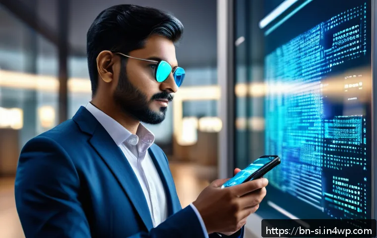 DID의 글로벌 적용 사례 - A detailed futuristic digital identity verification scene featuring a Bengali man using a smartphone...