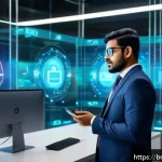 Home 19 DID의 국제적 표준화 진행 상황 - A modern digital workspace scene illustrating the use of Decentralized Identifiers (DID) in personal...