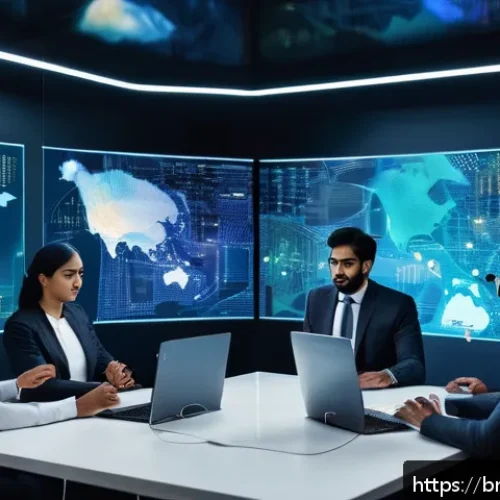 Home 30 DID와 기업 정보 보호 정책 - A futuristic business office setting featuring diverse Bengali professionals collaborating on decent...
