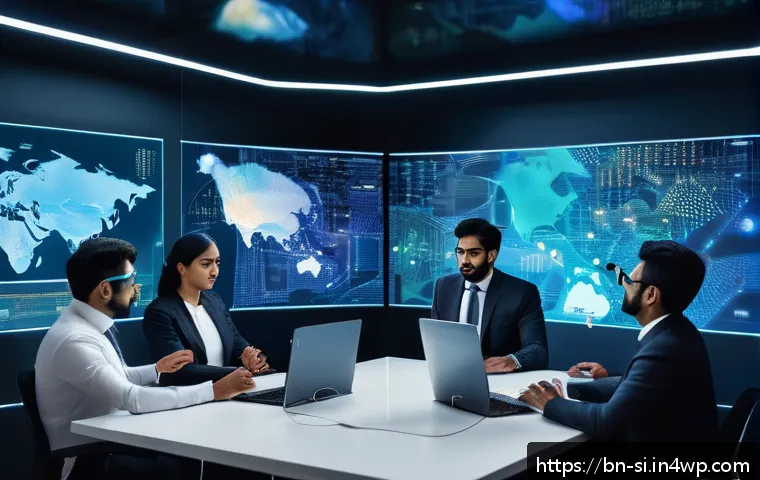 DID와 기업 정보 보호 정책 - A futuristic business office setting featuring diverse Bengali professionals collaborating on decent...