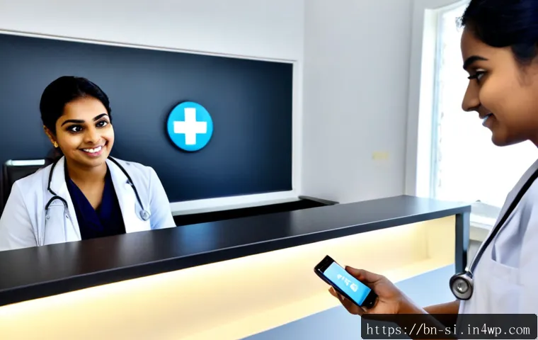 Home 17 DID의 실용적 응용 분야 - Photorealistic scene of a Bengali woman at a modern healthcare reception desk using a smartphone wit...